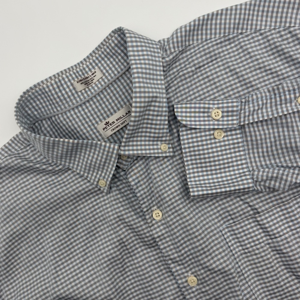 Peter Millar Crown Soft Gingham Shirt Mens XXL Blue Grey Cotton Silk Blend